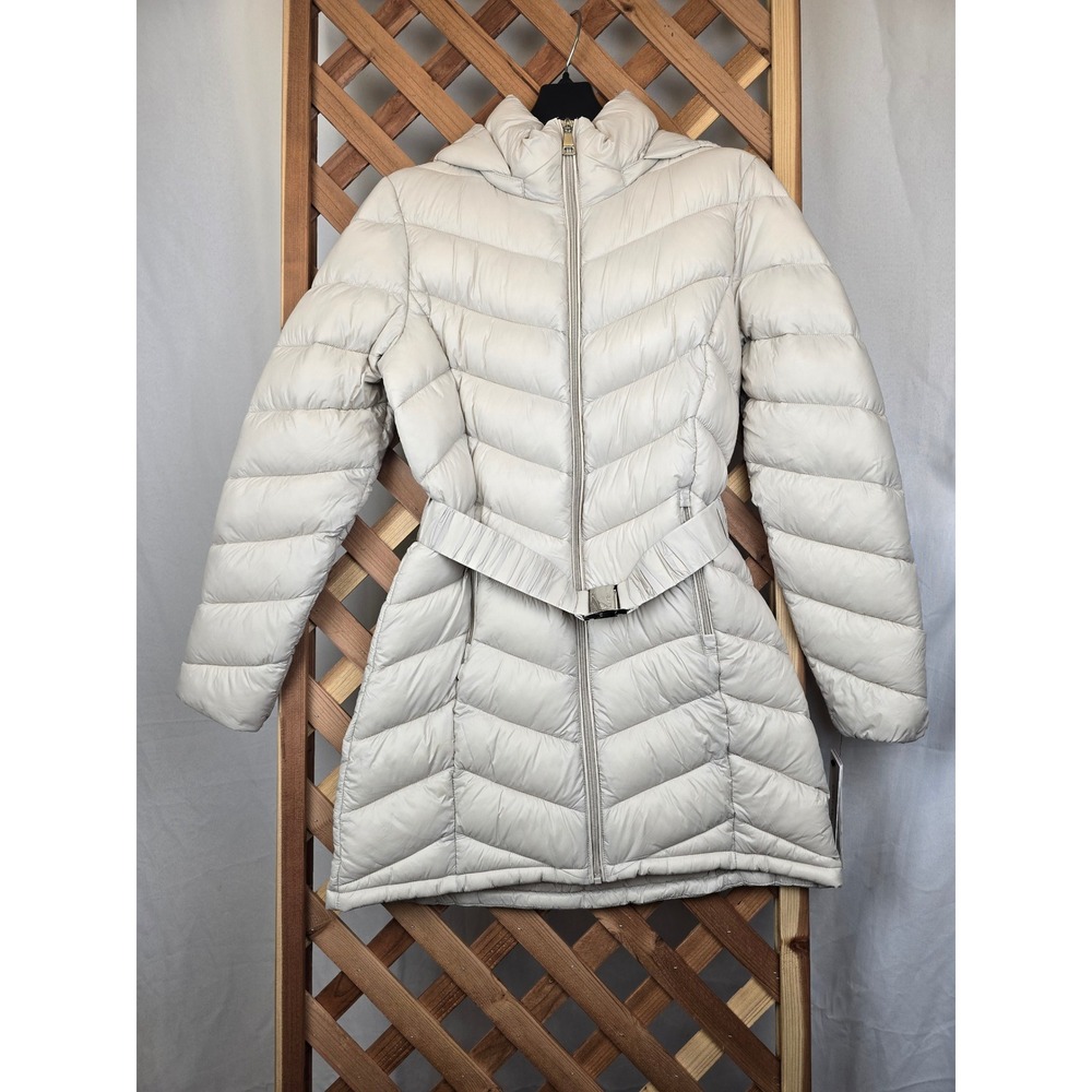 Calvin Klein Puffer Jacket Womens Small Cream Belted Hooded CW302498 - New